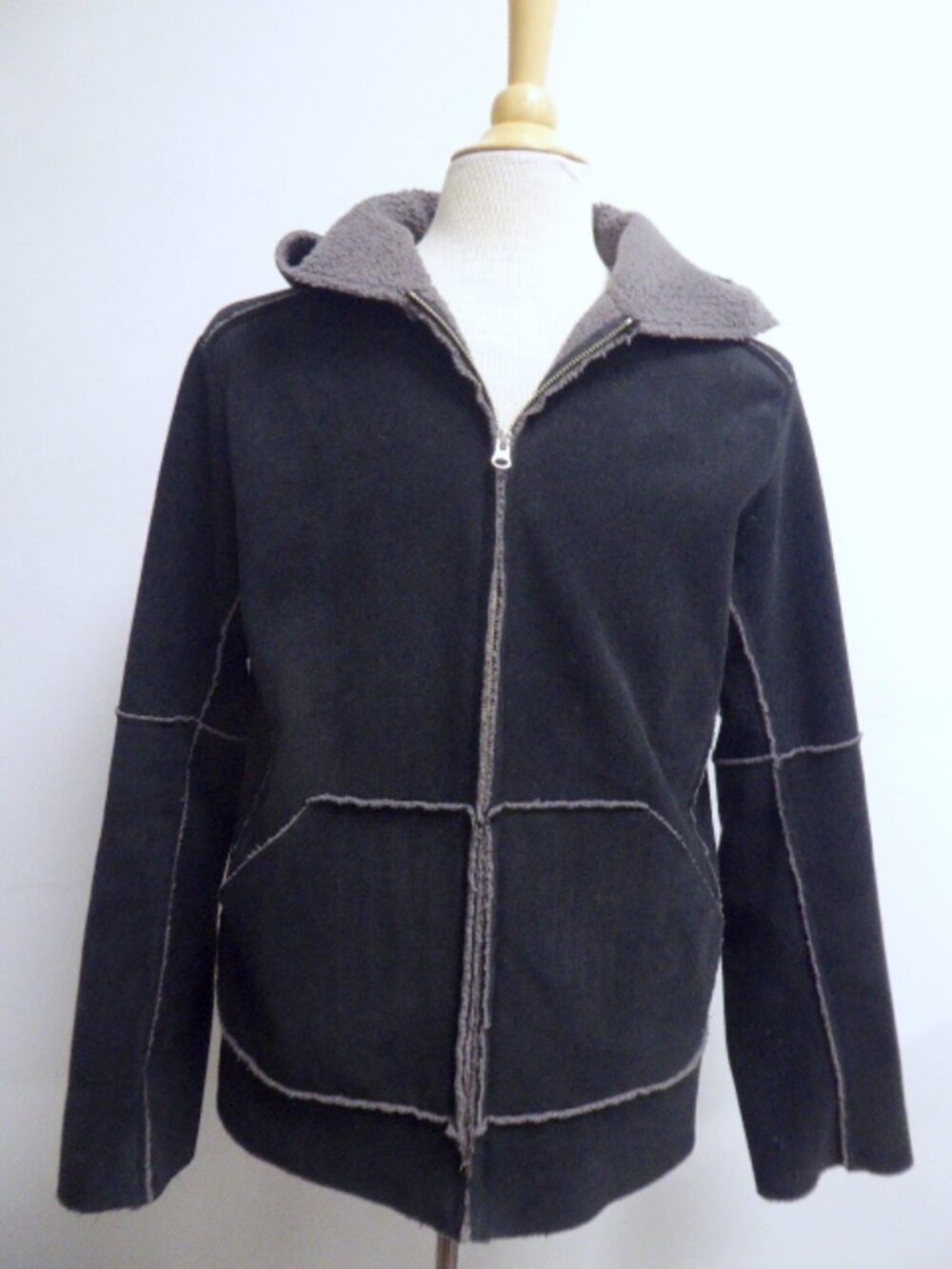 VELVETMEN BLACK gray SHERPA ZIP HOODIE JACKET graham spencer faux suede L